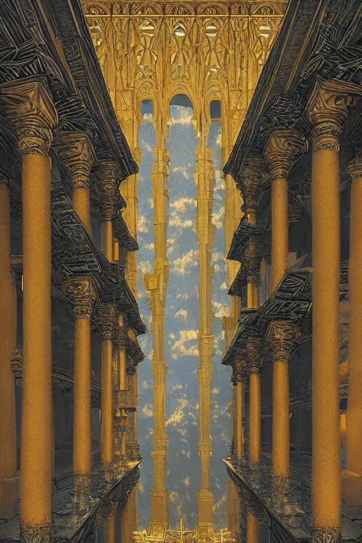 Prompt: ancient silver tower of the moon, distance view, fairytale illustration, elaborate carved latticed balconies, tall windows, moorish architecture, formal gardens, dramatic cinematic lighting, soft colors, golden age illustrator, unreal engine, by Andreas Rocha and Ludwig Deutsch and (Maxfield Parrish)