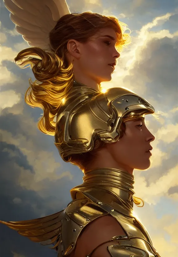 Image similar to A beautiful fierce photogenic angel wearing metallic battle armor, posing among heavenly sunlit clouds, close-up shot, elegant, digital painting, golden hour, cinematic, epic, trending on artstation, concept art, smooth, sharp focus, illustration, art by artgerm and Greg Rutkowski and Alphonse Mucha