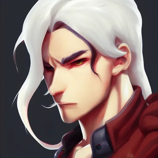 Image similar to buffed guy, long white hair, horns, red eye makeup, style of makoto shinkai and artgerm and loish, dynamic lighting trending on artstation