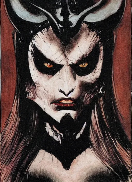 Prompt: portrait of demoness warrior, black iron tiara, strong line, deep color, beautiful! coherent! by frank frazetta, minimalism