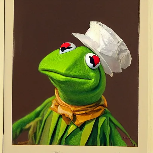 Prompt: portrait of kermit the frog by theodore ralli and nasreddine dinet and anders zorn and nikolay makovsky and edwin longsden long