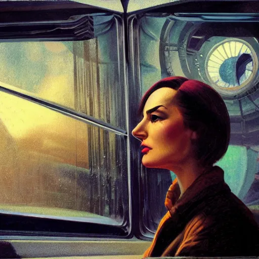 Image similar to detailed face of a woman, clockwork, moment, tectonic sky, skydome, bullet train, turbines, utopian, tech noir, wet reflections, prism, atmospheric, ambient, pj crook, syd mead, livia prima, greg rutkowski, edward hopper