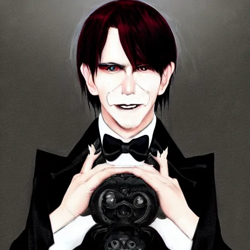 Prompt: full face shot of a handsome butler with straight black hair, a red highlight, long bangs, with alligator eyes, creepy smile, fancy, ultra detailed, brush strokes, digital painting, cinematic, wlop artstation, pixiv, intimidating glare, yoshitaka amano, andy warhol, ultra realistic,