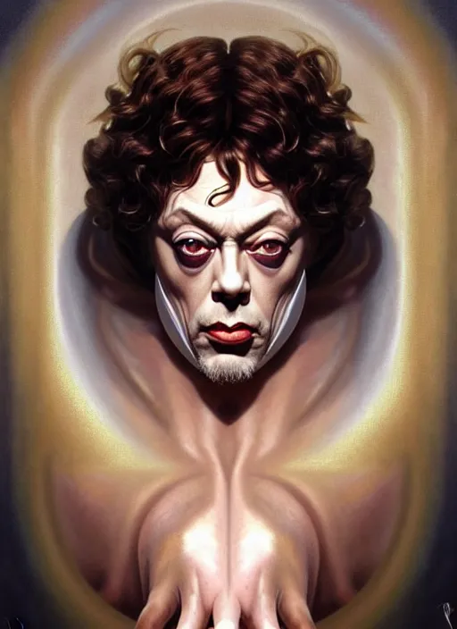 Image similar to perfectly detailed tim curry legend!! blessed by nature with ever - increasing physical mental perfection, symmetrical! intricate, sensual features, highly detailed, biblical divine holy perfection!! digital painting, artstation, concept art, smooth, sharp focus, illustration, art by artgerm and greg rutkowski and alphonse mucha