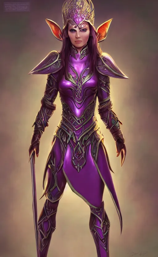 Image similar to a full body portrait of an elven woman with pink skin, and armor fit for a queen, wearing purple headphones, and smiling, dynamic lighting, photorealistic fantasy concept art, trending on art station, stunning visuals, creative, cinematic, ultra detailed