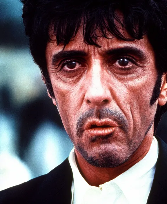 Prompt: tony montana from movie scarface 1 9 8 3. al pacino, extreme long shot, perfect symmetric face, coherent eyes, fine details, 4 k, ron cobb. cinestill