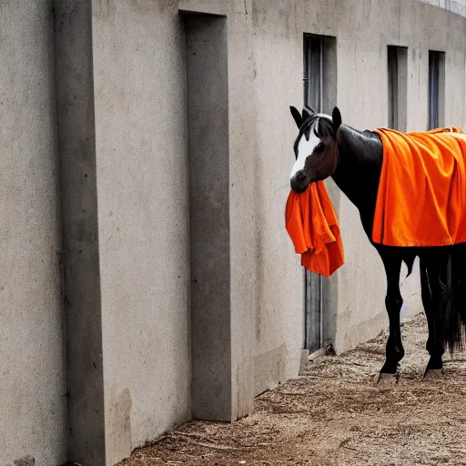 Image similar to horse with orange inmate clothes, in a jail