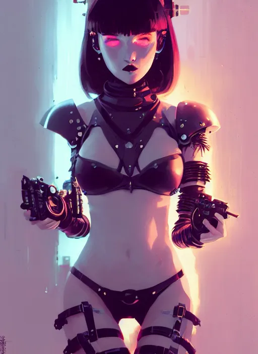 Prompt: portrait of cute goth girl in cyber bikini armor, warhammer, cyberpunk, by atey ghailan, by greg rutkowski, by greg tocchini, by james gilleard, by joe fenton, by kaethe butcher, by gustav klimt, dynamic lighting, gradient light blue, brown, blonde cream and white color in scheme, grunge aesthetic