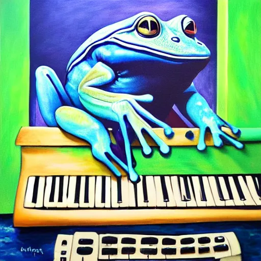 Prompt: a beautiful painting of singular frog playing in the synthesizer, trending on artstation