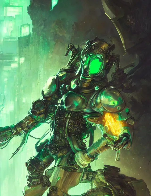 Image similar to cyberpunk masked knight in jade coloured cyberpunk armour alight with green flames, by frank fazetta and peter mohrbacher, trending on artstation, digital art, 4 k resolution, detailed, high quality, hq artwork, coherent, insane detail, concept art, character concept, character full body portrait
