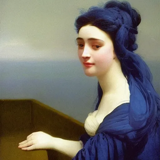 Prompt: a young woman’s face, her hair is silver, she wears a long flowing blue satin veil, by ivan aivazovsky and pieter claesz and paul delaroche and alma tadema and august malmstrom and and willen claesz heda and aelbert cuyp and gerard ter borch, contrapposto, hyperrealistic, volumetric light, rendered in octane, c4d