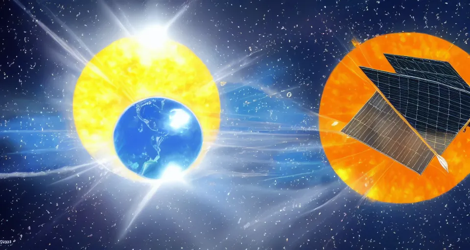 Image similar to solar sail, floating in space between the sun and earth, cartoon illustration