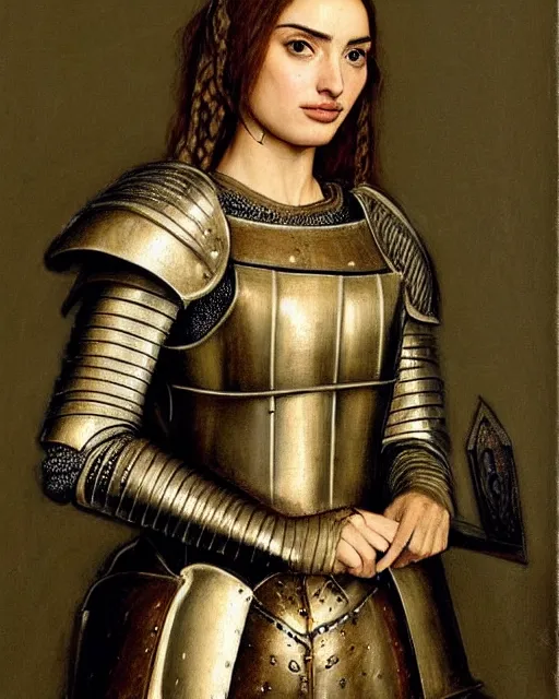 Image similar to medieval portrait of beautiful ana de armas dressed as an armored battle knight, in the style of eugene de blaas