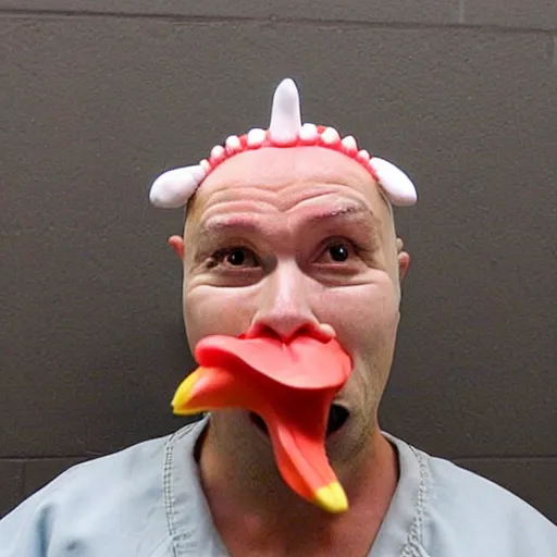 Prompt: inmate wearing chicken face and chicken head