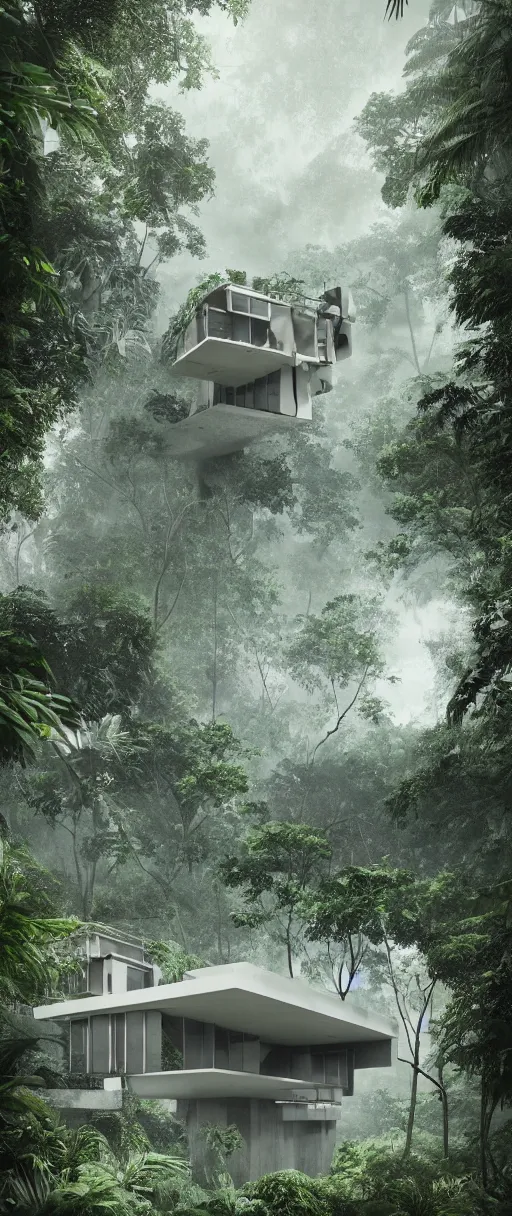 Prompt: architecture inspired by le corbusier in the rainforest. nature is taking over. upside down. metabolism. matte painting. octane render. hdr. volumetric lighting. global illumination. atmospheric. monochrome.