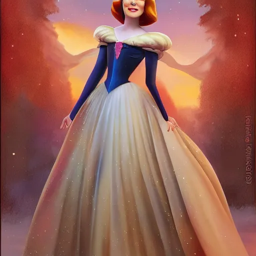 Prompt: Full body digital painting of Emma Stone as a Disney princess wearing snow white's dress, Pixar style, professional studio lightening, volumetric lightening, photorealism by Tristan Eaton Stanley Artgerm and Tom Bagshaw