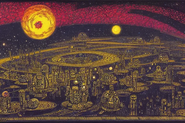 Image similar to a scifi illustration, Night City on Tatooine by Louis Wain (1920)