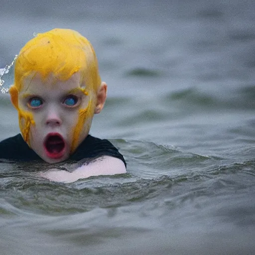 Image similar to monster pale skin, dark yellowish water, foggy water, dark, dramatic, big eyes, terrifying, cinematic