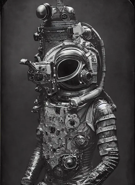 Image similar to old wetplate daguerreotype portrait of a futuristic silver armored space astronaut cyborg, fractal, intricate, elegant, highly detailed, parallax, leica, medium format, subsurface scattering, by jheronimus bosch and greg rutkowski and louis jacques mande daguerre