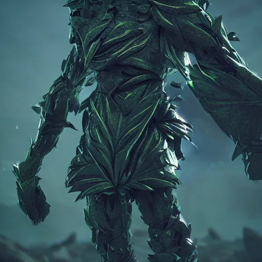 Image similar to vegetal humanoid armored botanical rune covered armor leafy nanotechnology sleek kryptonite protomolecule highly evolved with utility fog tendrils in high contrast cinematic light, mystical shadows, sharp focus, divine realm of gods, octane render