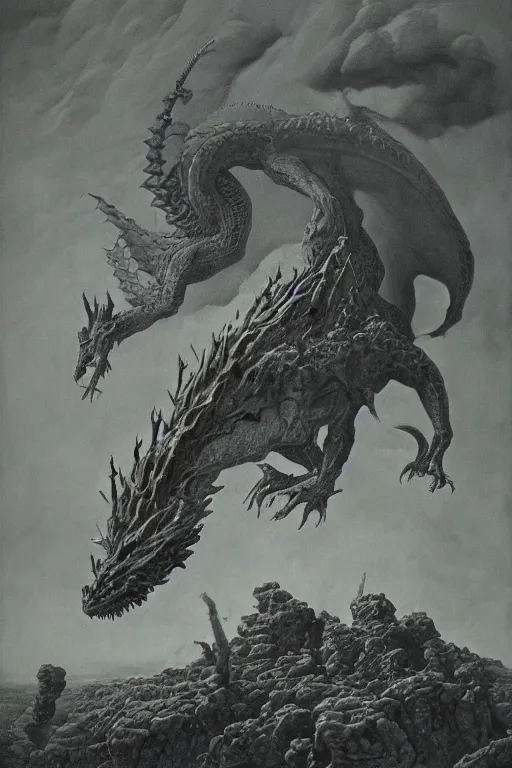 Image similar to zdzisław beksinski painting. a dragon protecting its hoard