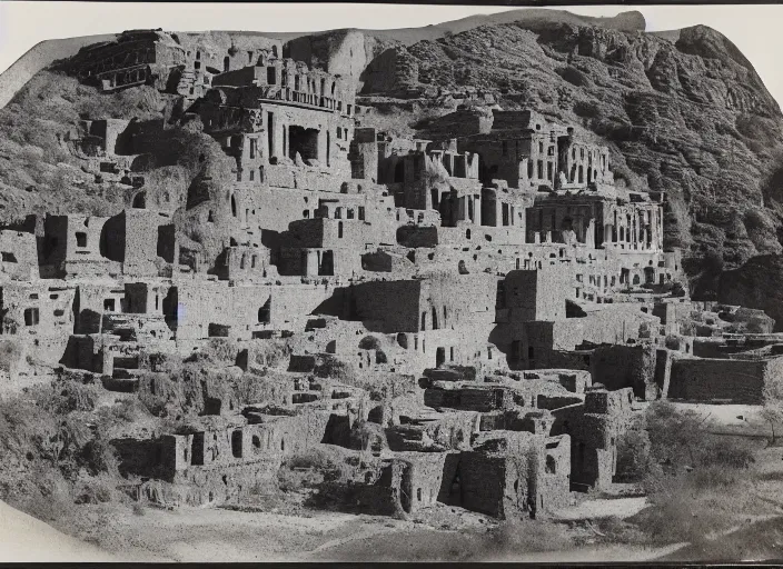 Image similar to Photograph of sprawling pueblo ruins carved out of a cliff face, showing terraced gardens and narrow stairs in lush desert vegetation in the foreground, albumen silver print, Smithsonian American Art Museum