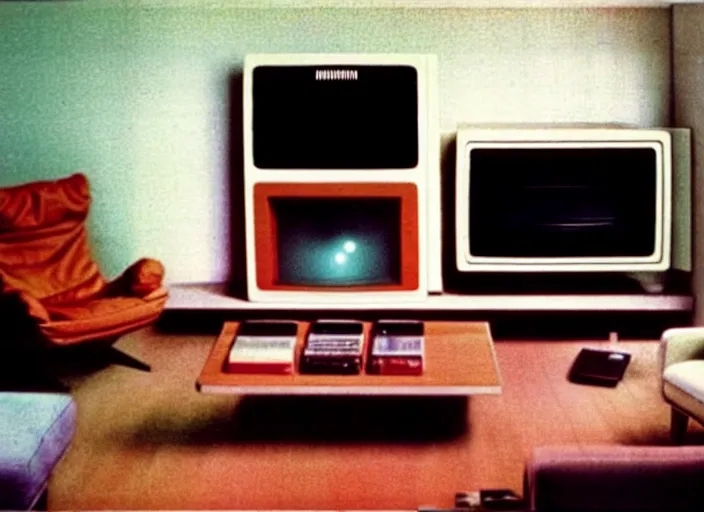 Image similar to a living room in 1982! A square CRT TV is on, with Netflix on the screen!!!!! Disposable camera