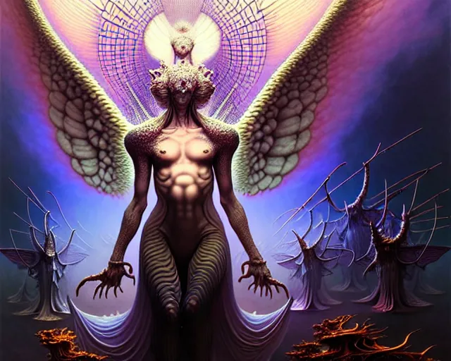 Image similar to drone view of an angel surrounded by an army of endless demons, fantasy character portrait made of fractals facing each other, ultra realistic, wide angle, intricate details, the fifth element artifacts, highly detailed by peter mohrbacher, hajime sorayama, wayne barlowe, boris vallejo, aaron horkey, gaston bussiere, craig mullins