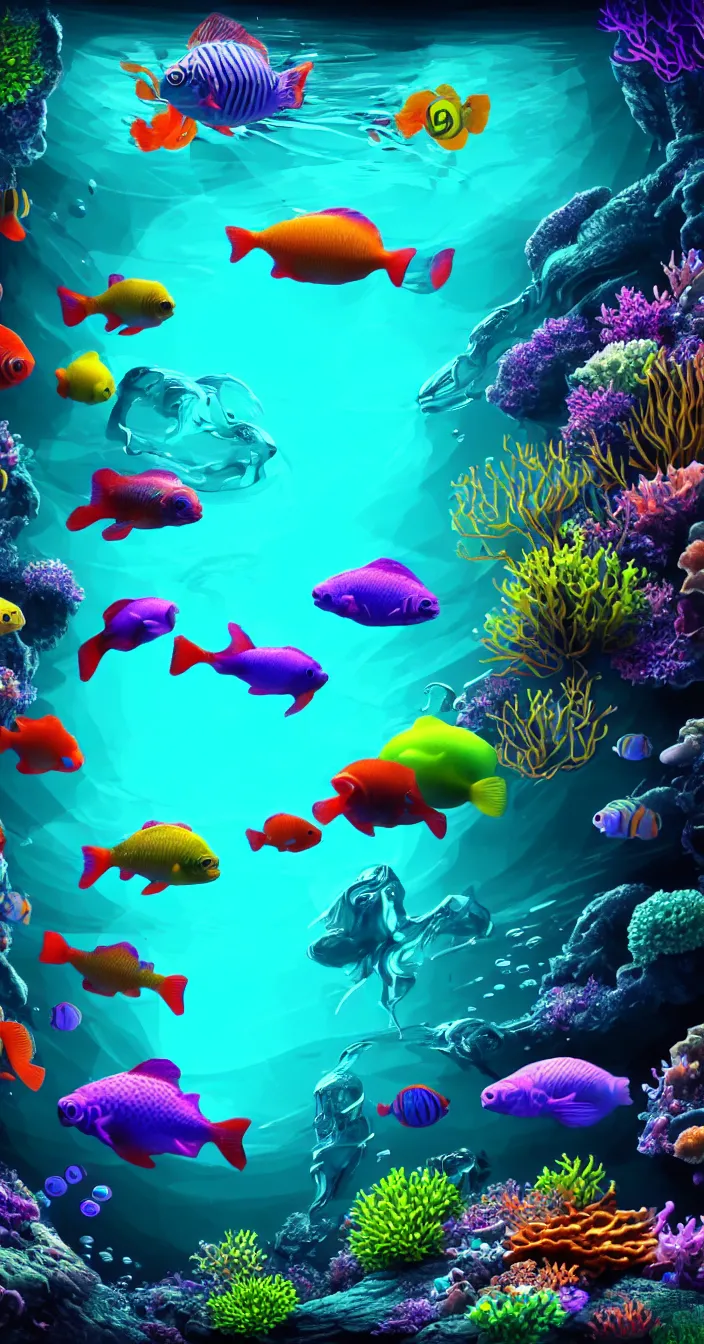 Prompt: highly detailed photo of colorful aquatic life under water, 3 d render, dark background, hyper realistic, concept art, 8 k detail post - processing