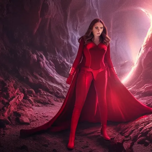 Prompt: movie still of elizabeth olsen as the scarlet witch, facing away from the camera, standing in the middle of a dark cave, holding red magic from her hands, illuminating the area, golden ratio!!!!!, centered, trending on artstation, 8 k quality, cgsociety contest winner, artstation hd, artstation hq, luminous lighting