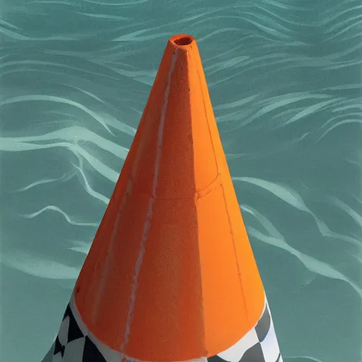 Image similar to orange and white striped traffic cone with 5 rows of shark teeth breaking through the cracks, ocean background detailed atmospheric - ron cheng & alphonse mucha, highly detailed, digital painting, ray tracing, concept art, illustration, smooth sharp focus, intricate, symmetry, artstation,