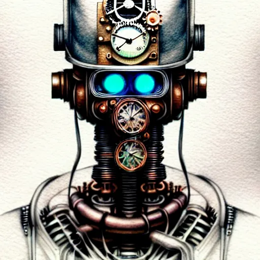 Prompt: hyper realistic pencil drawing of a steampunk robot , water color, full portrait, detailed, rim light, diffused, intricate, cyberpunk by anna dittmann,