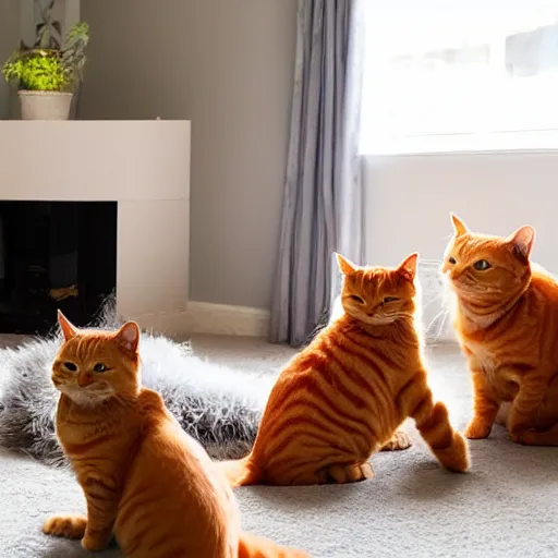 Prompt: three orange tabby cats and two grey tabby cats relaxing in the sunshine in a living room