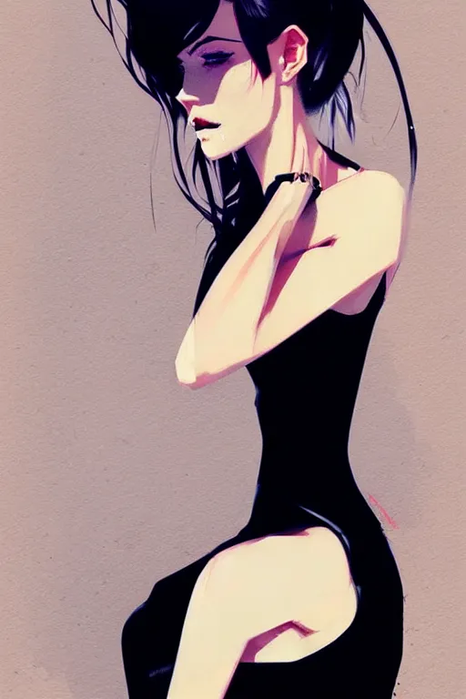 Image similar to a ultradetailed beautiful panting of a stylish woman wearing a black dress, by conrad roset, greg rutkowski and makoto shinkai, trending on artstation