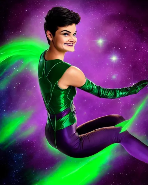 Prompt: photos of beautiful actress Brianna Hildebrand as the purple skinned Green Lantern soranik natu as she soars thru outer space, Brianna Hildebrand, photogenic, purple skin, short black pixie like hair, particle effects, photography, studio lighting, cinematic