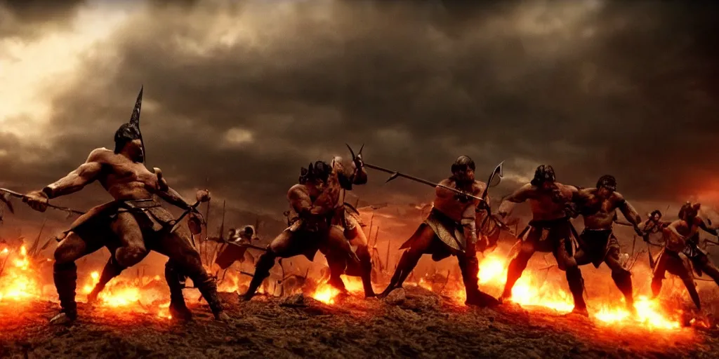 Image similar to epic battle screen of hero, film still from the movie'3 0 0'( 2 0 0 6 ), 3 d, 8 k realistic, cryengine, playstion 5 screen, cinematic lighting