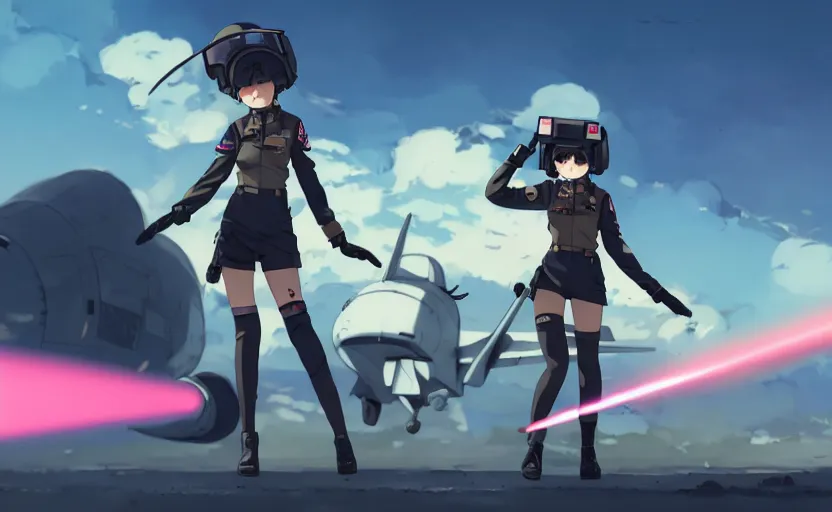 Prompt: action view of cute pilot girl, black sky background, battlefield landscape, illustration concept art anime key visual trending pixiv fanbox by wlop and greg rutkowski and makoto shinkai and studio ghibli and kyoto animation, soldier clothing, military weaponry, fused airplane parts in legs, neuroi monster using lasers