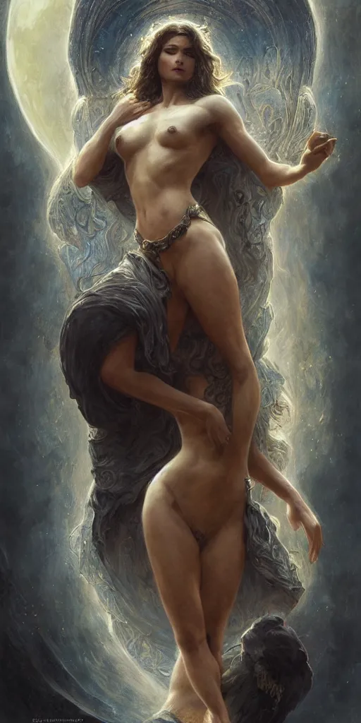 Image similar to goddess, masterpiece , cinematic, powerful, moon beams dramatic light, highly, intricate elements, hollow souls, detailed, digital painting, artstation, concept art, sharp focus, illustration, dynamic by Edgar Maxence and Ross Tran and Michael Whelan art by Livia Prima and Tom bagshow and Mitch Foust, Frank frazetta