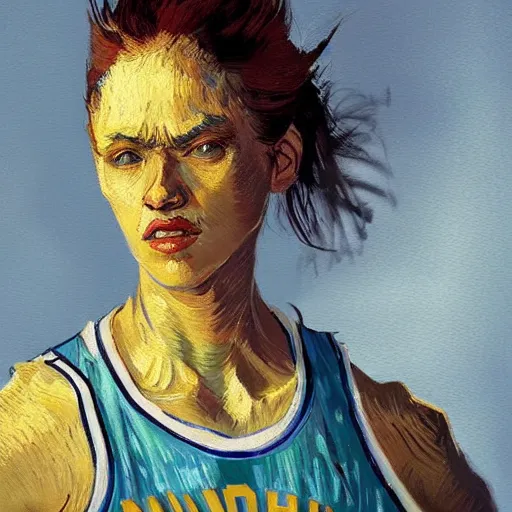 Image similar to painting of an woman basketball player, a van gogh style, greg rutkowski, jared chavez artstation