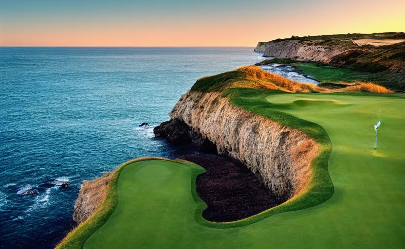 Image similar to a great photograph of the most amazing golf hole in the world, cliffs by the sea, perfect green fairway, human perspective, ambient light, 5 0 mm, golf digest, top 1 0 0, golden hour