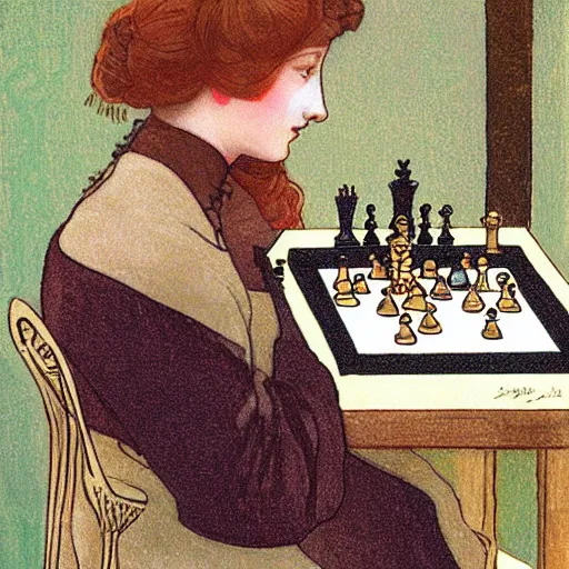 Image similar to a young edwardian woman playing chess, in the style of mucha