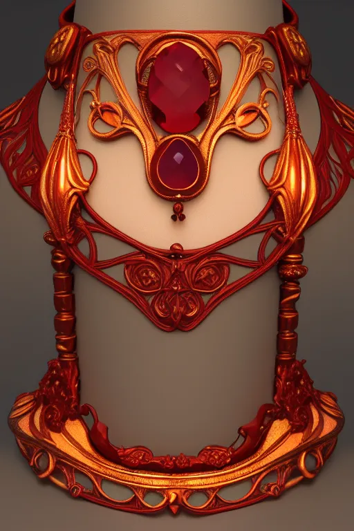 Prompt: historical, art nouveau, deep red gemstone neck choker, glowing inside, octane render, realistic, dramatic light, 3 d, photograph 4 k,