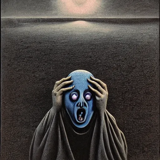 Image similar to the scream in the style of zdzislaw beksinski, gothic, surrealism, cosmic horror