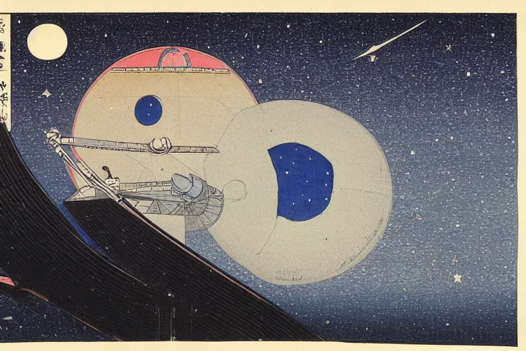 Image similar to space telescope in space, the earth and stars in background ， by hiroshige utakawa