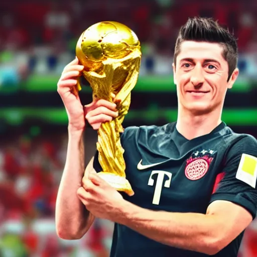 Image similar to portrait of Robert Lewandowski holding World Cup trophy, 4k, hq, high details, natural light, perfect quality, professional photography, award winning photo, a lot of details, perfect face