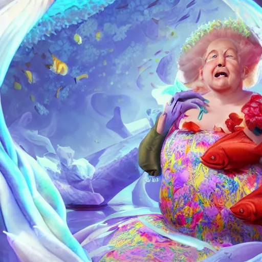 Image similar to of a very beautiful scene. ambient occlusion render. a sweet fat old woman is giving a birth to a huge colorful fish. flowery dress. mirror. symmetrical face, red mouth, blue eyes. deep focus, lovely scene. ambient occlusion render. concept art. unreal engine.