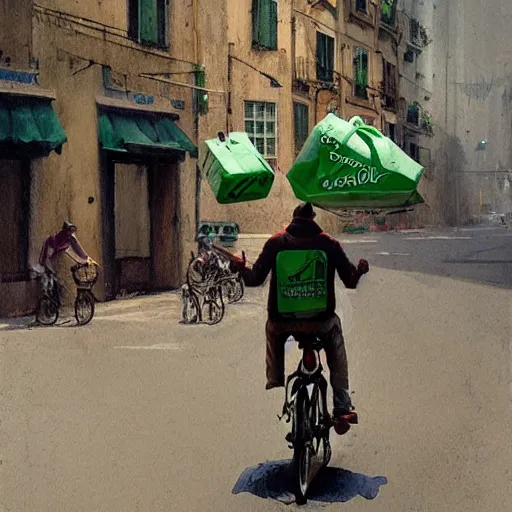 Prompt: a food delivery guy on his bicycle wearing a big green bag at the streets of Lisbon, art by Greg Rutkowski