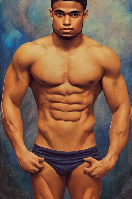 Image similar to a portrait of a handsome 2 3 years old cuban man with abs and bisceps holding a gun