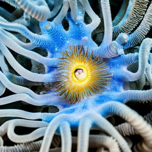 Prompt: a close up of a blue sea anemone, a microscopic photo by earnst haeckel, chlorociboria fungus, elven cup mushroom, featured on shutterstock, ecological art, bioluminescence, macro photography, biomorphic