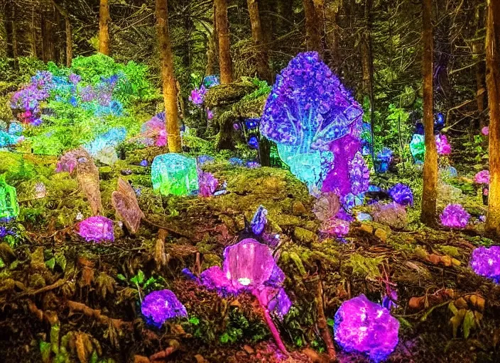 Image similar to a magical forest with crystal flowers that glow in the dusk,